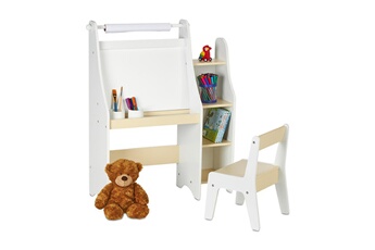Tableau et pupitre Relaxdays Tableau pour enfant, chaise, rangements et rouleau de papier, hlp : 90x72x30 cm, pupitre dessin, blanc-beige