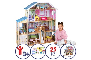Accessoire poupée Infantastic Xxxl maison de poupée en bois - 118,7x33x123,6 cm, 4 étages, grande, meubles et accessoires inclus (29 pièces), pour poupée de 30 cm