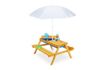 Autres jeux d'éveil Relaxdays Table de jardin pour enfants, en bois, bacs pour jouer avec l eau et le sable, parasol inclus, orange