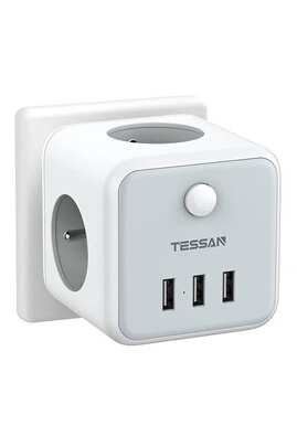 Prises, multiprises et accessoires électriques Tessan 6 en 1 Prise USB  Murale Cube avec Interrupteur,3 Prises avec 3 USB Secteur,Gris