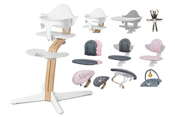 Chaises hautes et réhausseurs bébé Nomi Chaise haute nomi ensemble complet dès la naissance - chêne de base huilé blanc et chaise blanche, coussin rose / gris