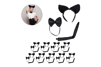 Accessoire de déguisement Relaxdays Oreilles de chat 3 pièces, lot de 10, serre-tête à oreilles en peluche, noeud-papillon, accessoire de costume, noir