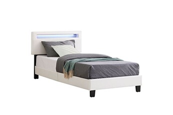 lit led simple evan 90x190 cm, avec sommier, revêtement en synthétique blanc
