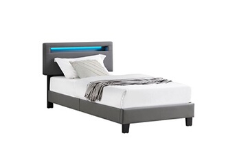lit led simple evan 90x190 cm, avec sommier, revêtement en synthétique gris