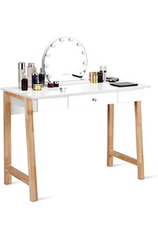 bureau droit giantex 2 en 1 bureau informatique table coiffeuse avec grand plan de travail, tiroir et espace de rangement en bois 106,5 x 50 x 75,5cm, blanc + naturel
