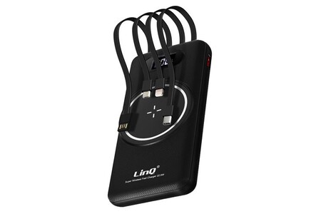 Batterie externe Linq Powerbank 15 000mAh Charge Sans Fil plus USB / USB-C plus Câble Micro-USB / Lightning / USB-C Noir