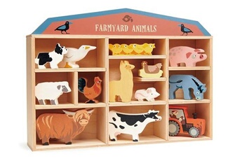 figurine de collection tender leaf toys ensemble d'animaux ferme 36 x 26,5 cm bois 14 pièces