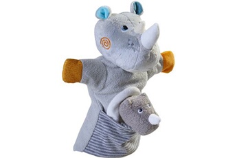 poupée haba marionnette à main rhino avec bébé junior 30 x 22 cm polyester gris