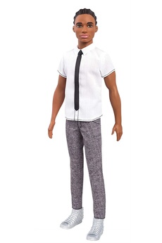 Fashionistas poupée Mannequin Ken #10 Brun avec Chemise à Manches Courtes Blanche, Cravate, Pantalon Gris, Chaussures Blanches, Jouet pour Enfant,