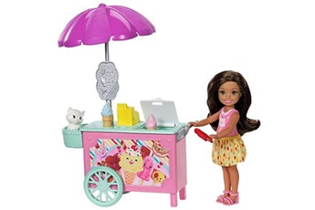 Famille Mini-poupée Brune Chelsea et Son Chariot à Glaces avec Figurine de Chat et Petits Accessoires, Jouet pour Enfant, FDB33