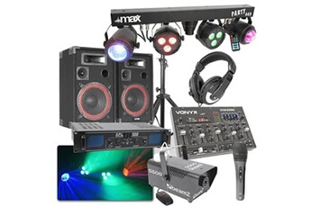 Enceintes, baffle et amplis DJ Skytec Ensemble Disco Dj - Enceinte 500w, Lumières, Amplificateur, Machine à Fumée Et Table De Mixage
