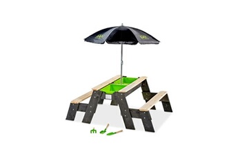 autre jeu de plein air exit table d'activités sable et eau, et de pique-nique (2 bancs) avec parasol et outils de jardinage aksent