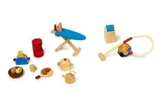 accessoire poupée goki maison de mini poupee accessoires cuisine 19 pieces en bois colore vernis neuf !
