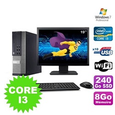 Pc optiplex 990 sff i3-2120 3.3ghz 8go 240go ssd dvd wifi w7 ecran 19'