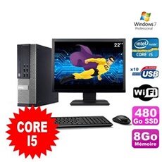 Pc optiplex 990 sff i5-2400 3.1ghz 8go 480go ssd dvd wifi w7 ecran 22'