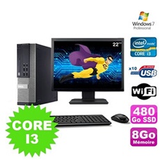 Pc optiplex 990 sff i3-2120 3.3ghz 8go 480go ssd dvd wifi w7 ecran 22'
