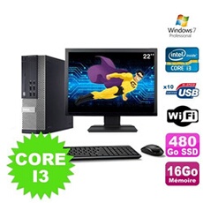 Pc optiplex 990 sff i3-2120 3.3ghz 16go 480go ssd dvd wifi w7 ecran 22'