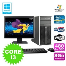 PC De Bureau HP PC HP Compaq 6200 Mt Intel Core I3 2100 3.1Ghz 8Go 480Go SSD Ecran 19 WiFi Windows 7
