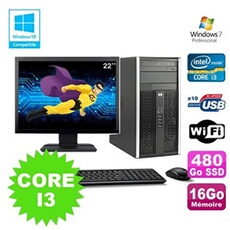 PC De Bureau HP PC HP Compaq 6200 Mt Intel Core I3 2100 3.1Ghz 16Go 480Go SSD Ecran 22 WiFi Windows 7