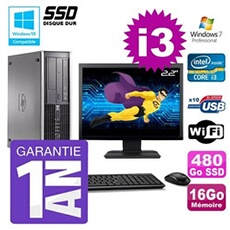 Pc 8200 sff intel i3-2120 16go disque 480go ssd graveur wifi w7 ecran 22'