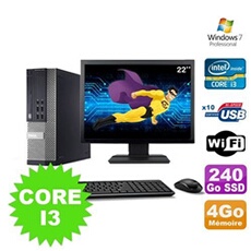 Pc optiplex 990 sff i3-2120 3.3ghz 4go 240go ssd dvd wifi w7 ecran 22'