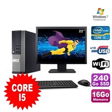 Pc optiplex 990 sff i5-2400 3.1ghz 16go 240go ssd dvd wifi w7 ecran 22'