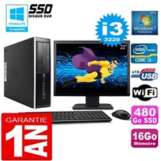 Pc compaq 8300 sff core i3-3220 ram 16go disque 480 go ssd wifi w7 ecran 22'