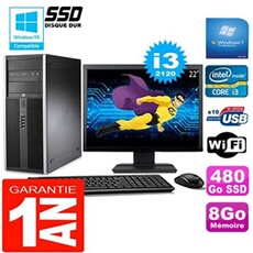 Pc tour compaq 8200 core i3-2120 ram 8go disque 480go ssd wifi w7 ecran 22'