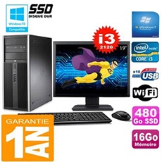 Pc tour compaq 8200 core i3-2120 ram 16go disque 480go ssd wifi w7 ecran 19'