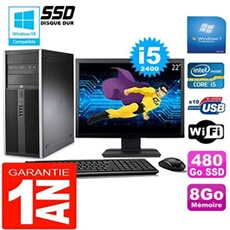 Pc tour compaq 8200 core i5-2400 ram 8go disque 480go ssd wifi w7 ecran 22'
