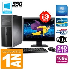 Pc tour compaq 8200 core i3-2120 ram 16go disque 240go ssd wifi w7 ecran 19'