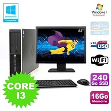 Pc elite 8200 sff core i3 3.1ghz 16go 240go ssd dvd wifi w7 ecran 22