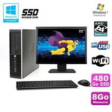 PC De Bureau HP PC HP Compaq 6005 Sff Amd Athlon II X2 B24 3.0Ghz 8Go 480Go SSD Ecran 22 WiFi Windows 7