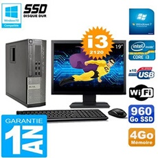 Pc 990 sff core i3-2120 ram 4go disque 960go ssd graveur wifi w7 ecran 19'