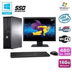 PC De Bureau Dell Lot PC Dell Optiplex 780 Dt Intel E5200 2,5Ghz 16Go 480Go SSD WiFi W7 + Ecran 22"