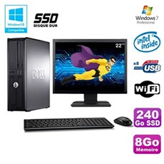 Pc optiplex 780 dt intel e5200 2,5ghz 8go 240go ssd wifi w7 ecran 22'