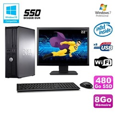 Pc optiplex 780 dt intel e5200 2,5ghz 8go 480go ssd wifi w7 ecran 22'