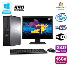Pc optiplex 780 dt intel e7500 2.93ghz 16go 240go ssd wifi w7 ecran 22'