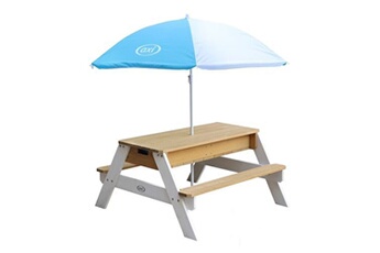 Bac à sable Axi Table sable et eau NICK Brun Blanc avec parasol Bleu Blanc 90x80x56cm