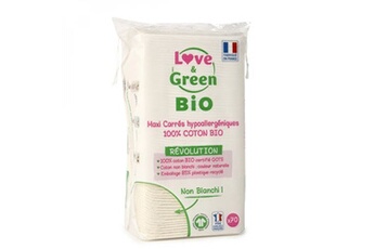 Accessoire de toilette bébé Love & Green Love and Green - 70 maxi carrés hypoallergéniques - 11 x 9 cm - 100% Coton Bio