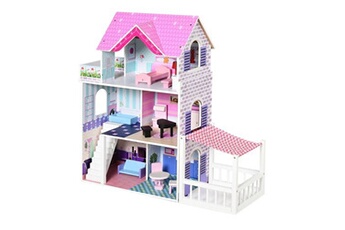 maison de poupée homcom maison de poupée en bois jeu d'imitation grand réalisme multi-équipements 3 niveaux escalier terrasses