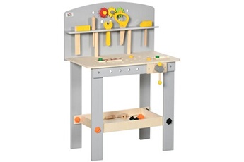 atelier de bricolage homcom etabli et outils pour enfant - jeu d'imitation bricolage - nombreux accessoires 31 pièces & outils variés - mdf gris bois pin