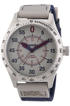 montre superdry - syg122e - montre homme - quartz analogique - cadran beige - bracelet tissu bleu