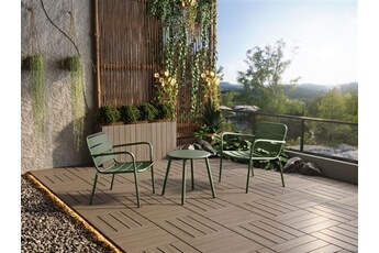 salon de jardin en métal - 2 fauteuils bas empilables et une table d'appoint - kaki - mirmande de mylia
