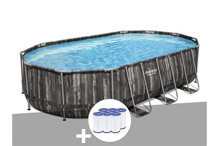 Piscine tubulaire Bestway Kit piscine tubulaire ovale Power Steel décor bois 6,10 x 3,66 x 1,22 m + 6 cartouches de filtration