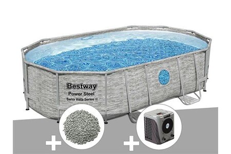 Piscine tubulaire Bestway Kit piscine tubulaire ovale Power Steel SwimVista avec hublots 4,88 x 3,05 x 1,07 m + 10 kg de zéolite + Pompe à chaleur