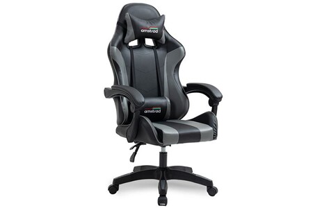 Chaise gaming Amstrad AMS-800-BLACK Fauteuil / Chaise de bureau Gamer coloris noir & gris- coussin lombaire & appuie tête
