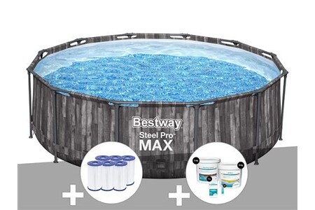 Piscine tubulaire Bestway Kit piscine tubulaire ronde Steel Pro Max décor bois 3,66 x 1,00 m + 6 cartouches de filtration + Kit de traitement au chlore