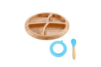 ustensile de cuisine generique ensemble cuillères d'aspiration bol d'alimentation silicone plat rond bambou bébé tout-petit - bleu