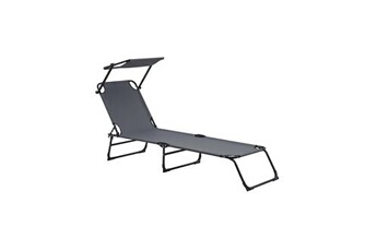 chaise longue - transat helloshop26 bain de soleil transat chaise longue pliable avec pare soleil acier pvc polyester 187 cm gris foncé 03_0000989